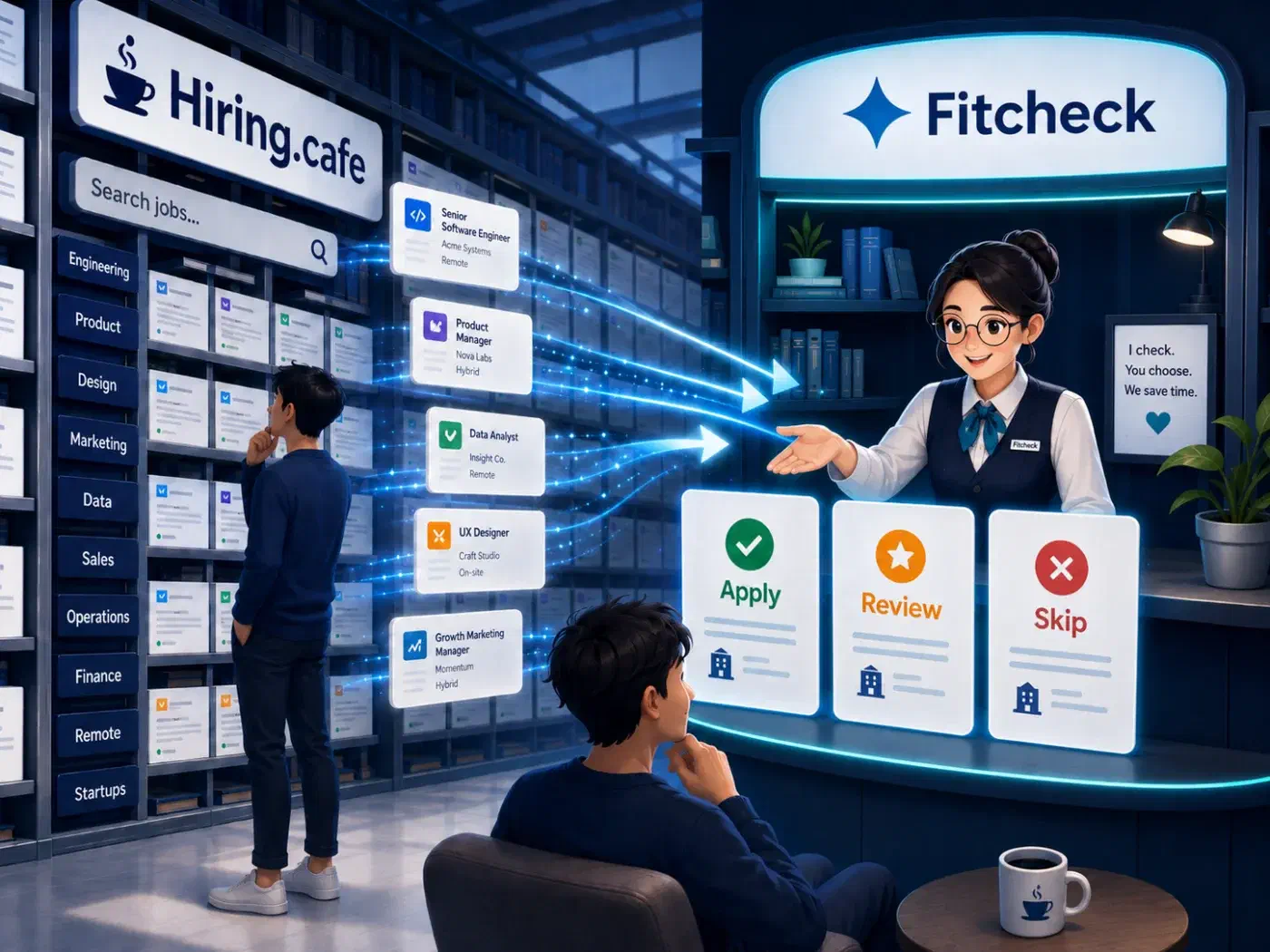 Hiring.cafe and JobWeb Fitcheck shown as side-by-side illuminated storefront signs