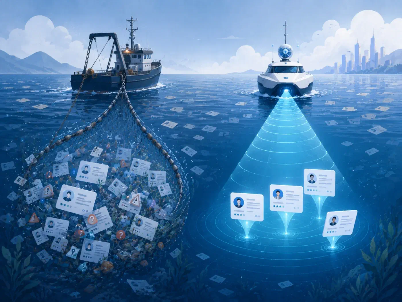 Illustration of a traditional fishing trawler beside a sleek modern radar-equipped boat sailing toward a city skyline