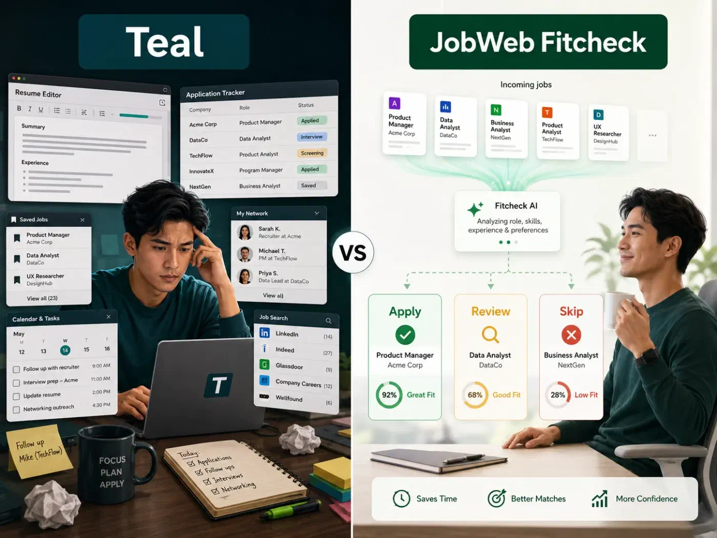 Side-by-side comparison of Teal's resume editor and application tracker with JobWeb Fitcheck's incoming jobs feed