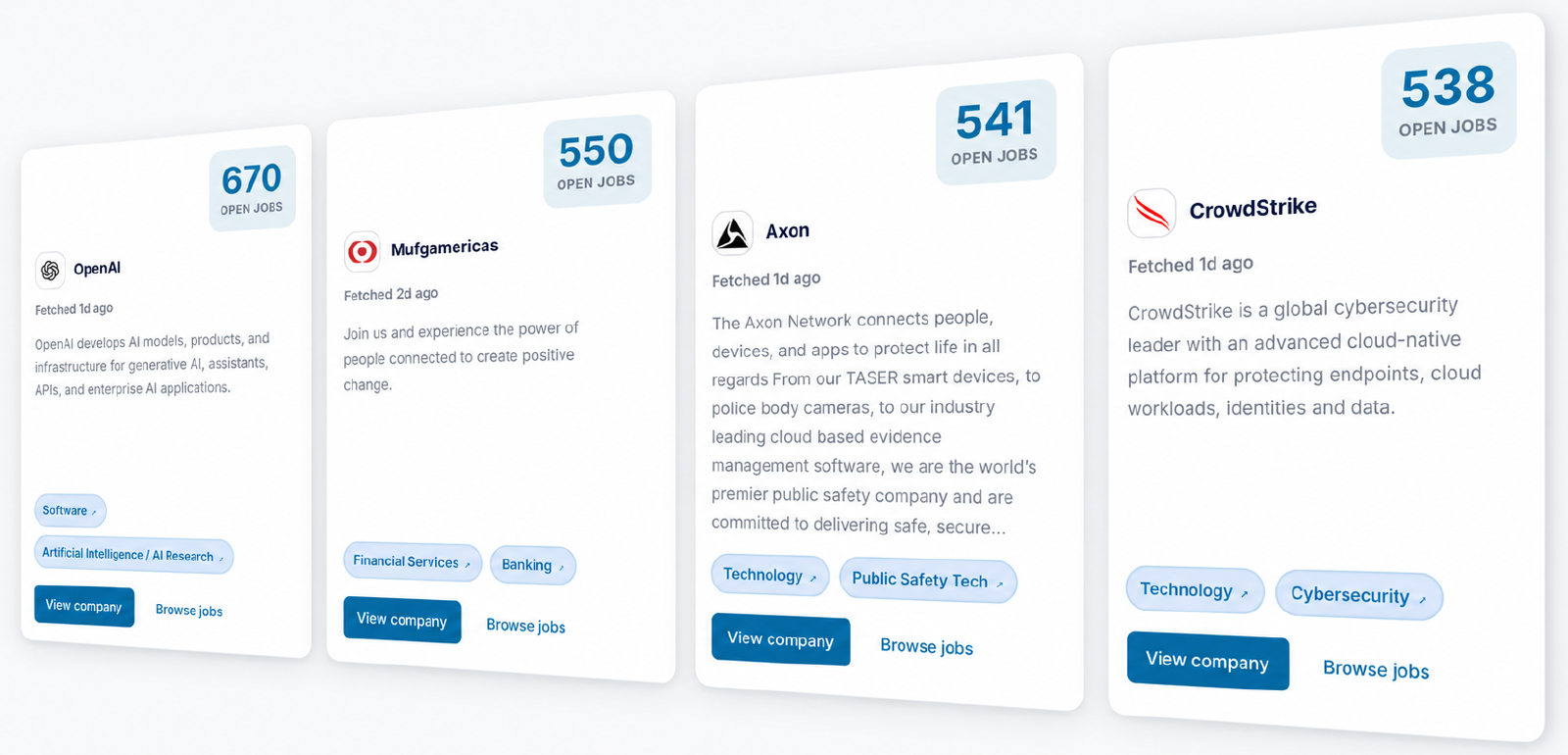 JobWeb Board companies view showing company names, open job counts, industry tags, and fetched timestamps.