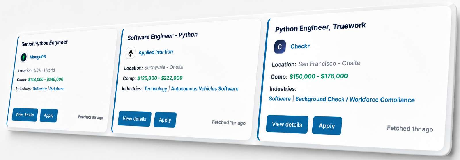 JobWeb Board jobs view showing job titles, salary ranges, company names, and fetched timestamps.