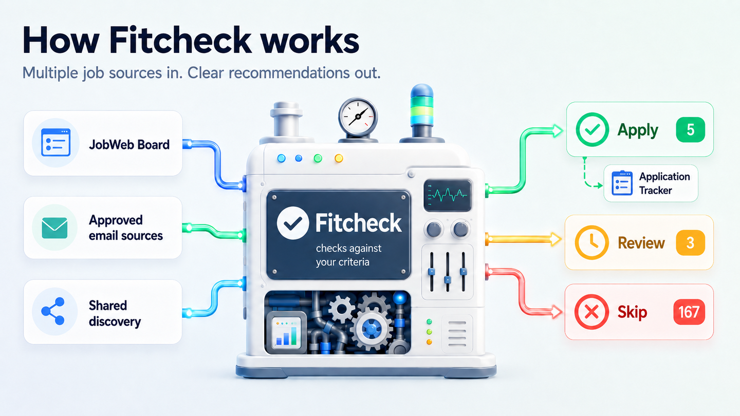 Diagram showing JobWeb Board, approved email sources, and shared discovery flowing into Fitcheck, which checks jobs against user criteria and routes them to Apply, Review, or Skip, with Apply feeding the Application Tracker.
