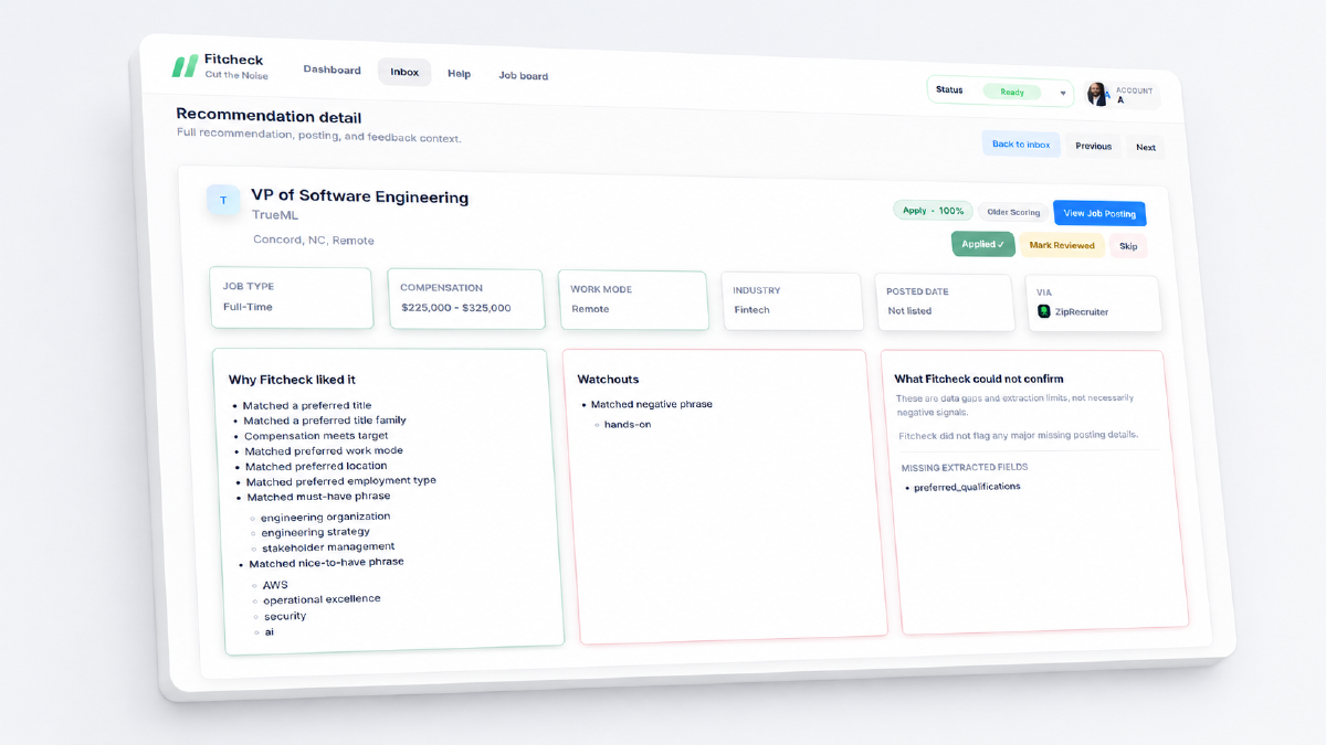 Fitcheck recommendation view showing a job with an explainable Apply, Review, or Skip decision.